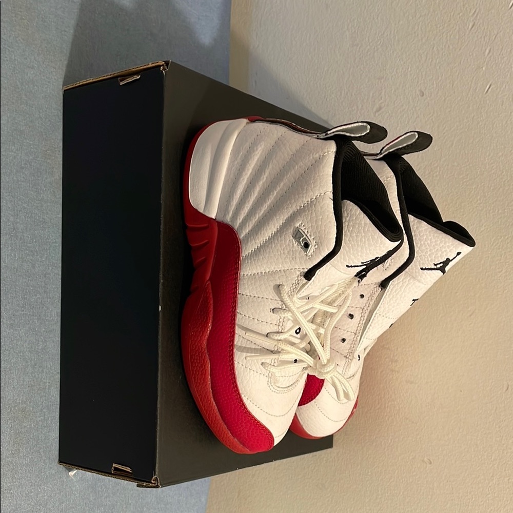 Jordan 12 White and Red Classic Sneakers (Missing one shoe string)